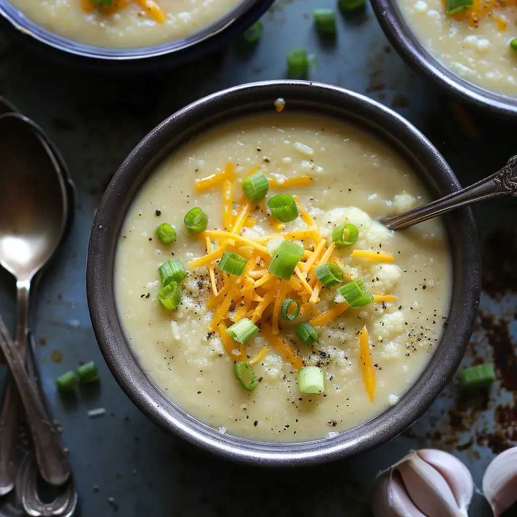 Eine Schüssel cremige Suppe garniert mit Cheddar-Käse, Frühlingszwiebeln und Pfeffer, mit Metalllöffeln und Knoblauch im Hintergrund.