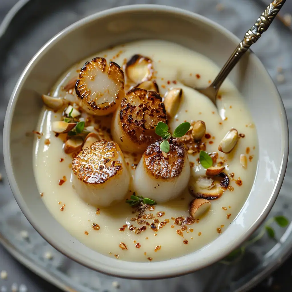 Eine Schüssel cremige Suppe garniert mit gebratenen Jakobsmuscheln, gerösteten Haselnüssen und Kräuterblättern.