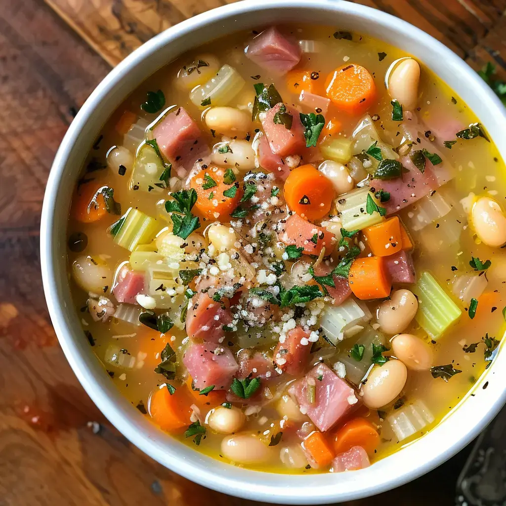 Eine bunte Suppe mit Schinkenwürfeln, weißen Bohnen, Möhren, Sellerie und frischen Kräutern, serviert in einer weißen Schüssel.