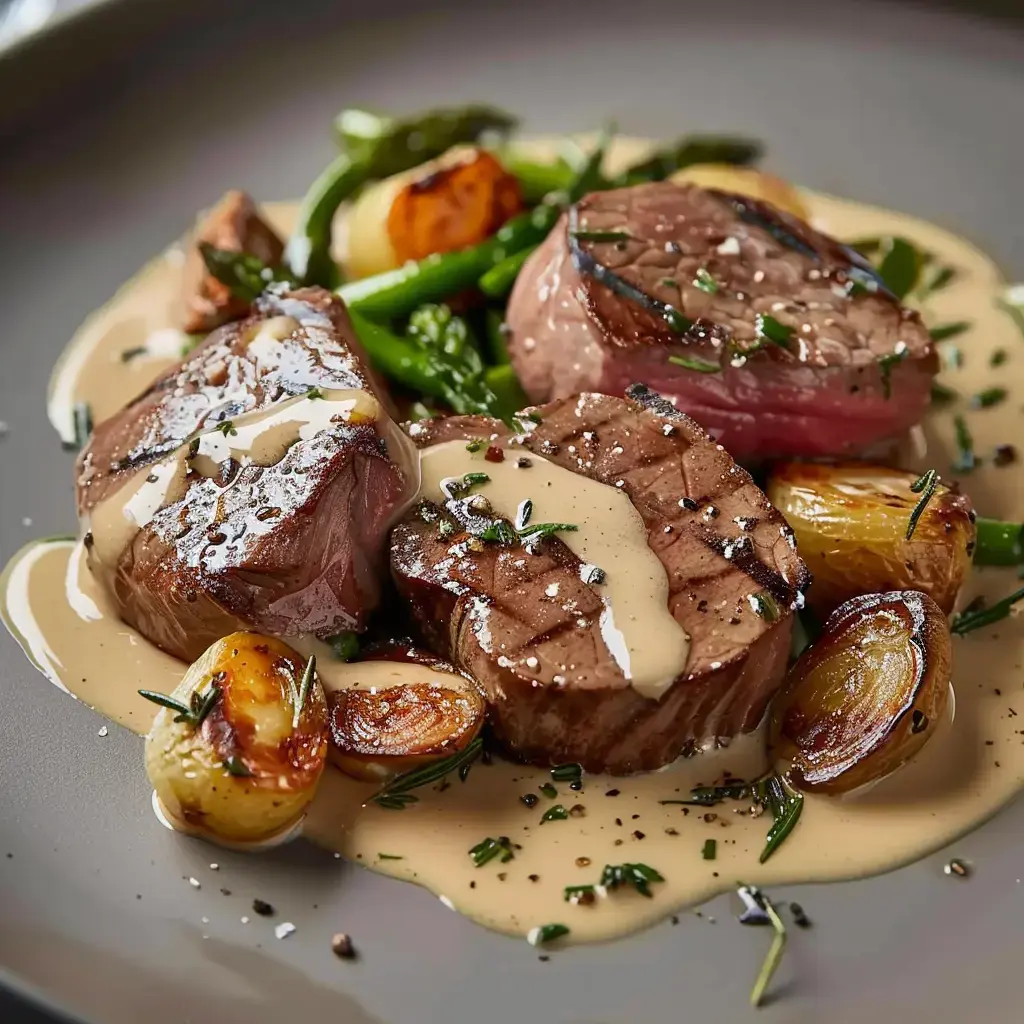 Ein Teller mit gegrilltem Fleisch, kleinen Zwiebeln, Spargel und einer cremigen Sauce.