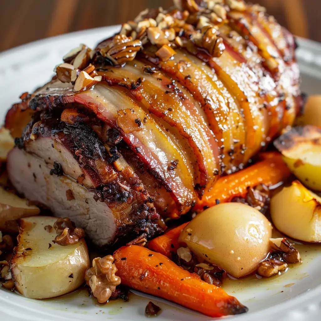 Ein saftiger Schweinebraten im Speckmantel mit goldbraunen Möhren und Äpfeln auf einem weißen Teller serviert.