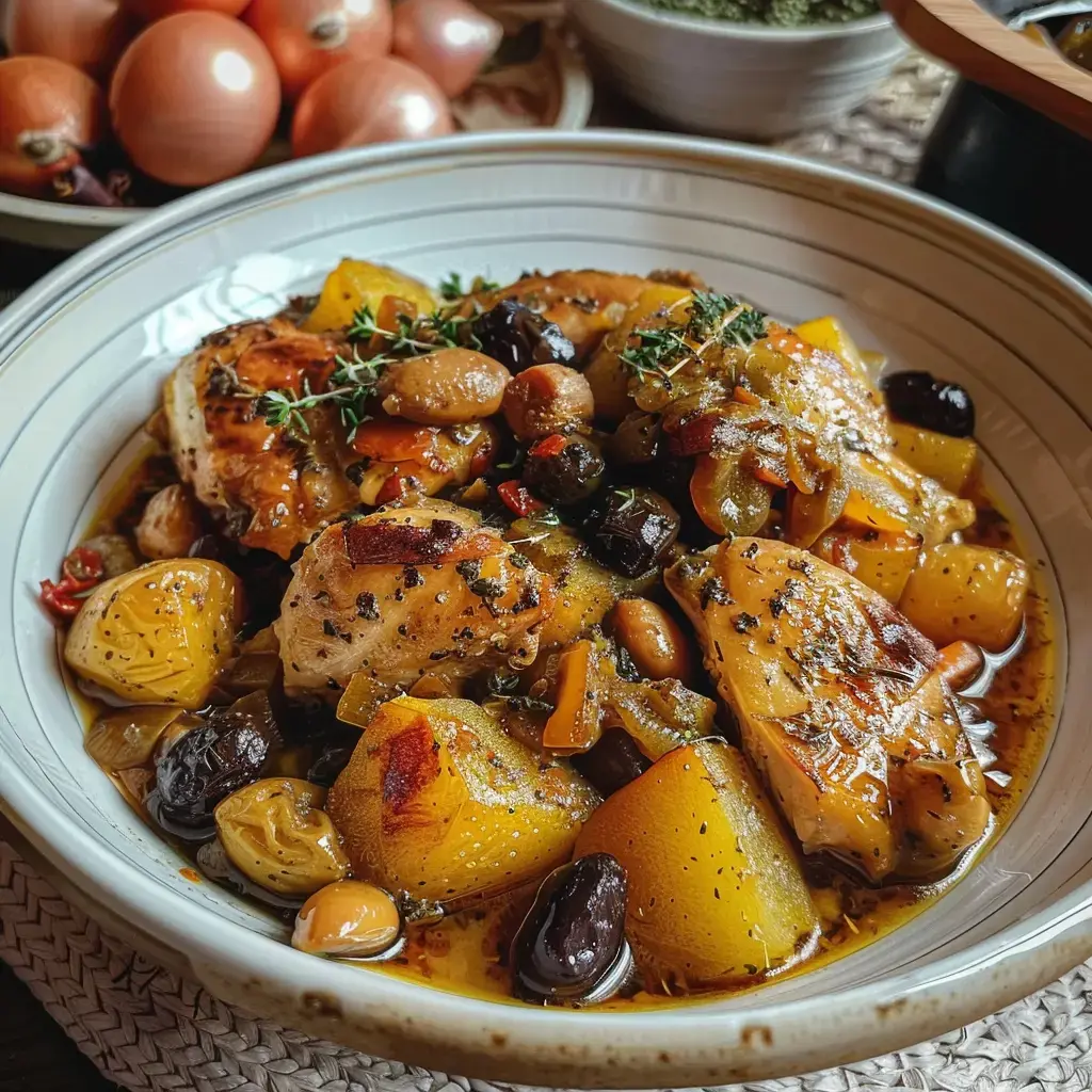 Ein geschmortes Hähnchengericht mit buntem Gemüse und Kirschtomaten, garniert mit frischem Thymian.