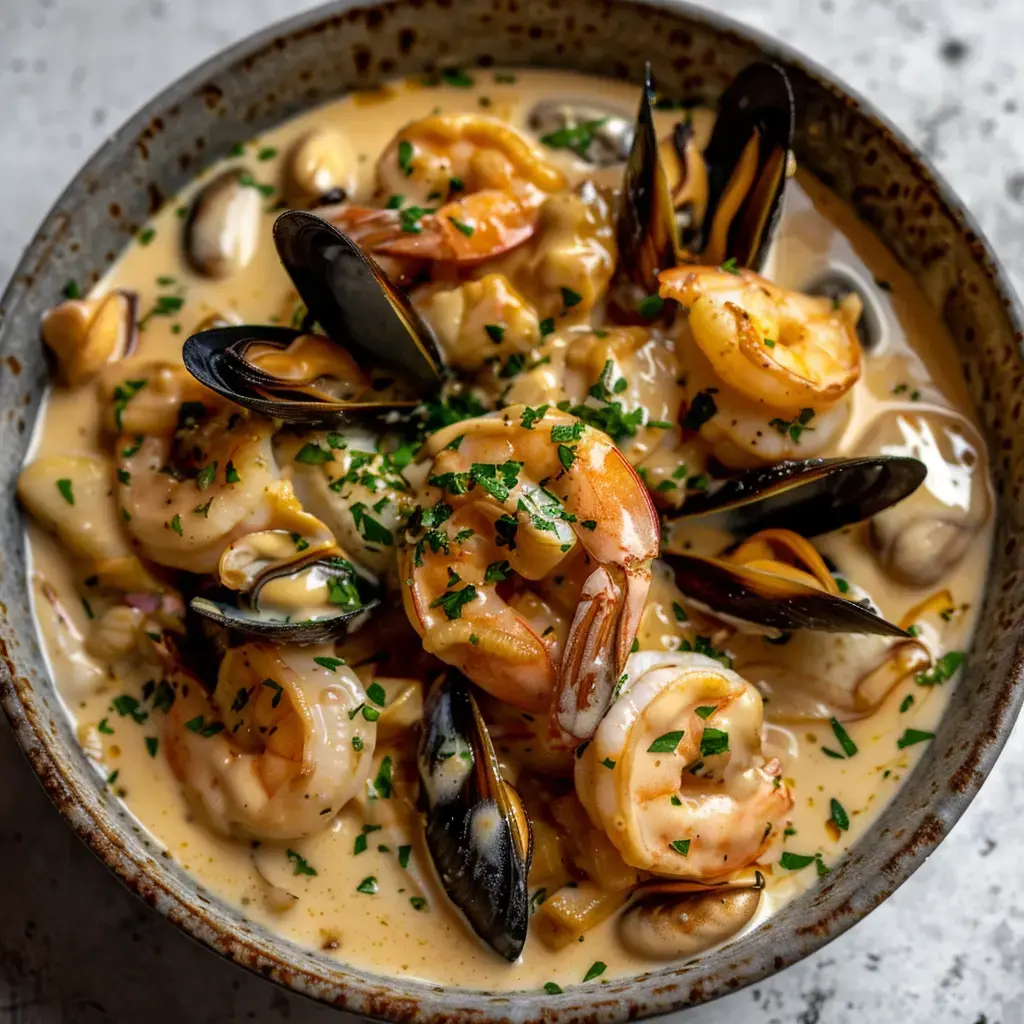 Eine Schüssel mit Meeresfrüchten wie Garnelen, Muscheln und Herzmuscheln in einer cremigen Soße, garniert mit frischer Petersilie.