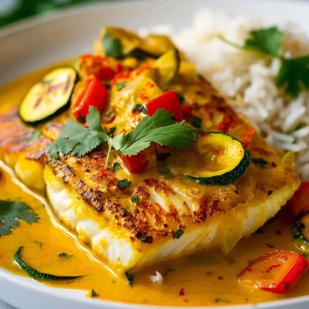 Ein gegrilltes Fischfilet mit cremiger Soße, buntem Gemüse und Reis serviert.