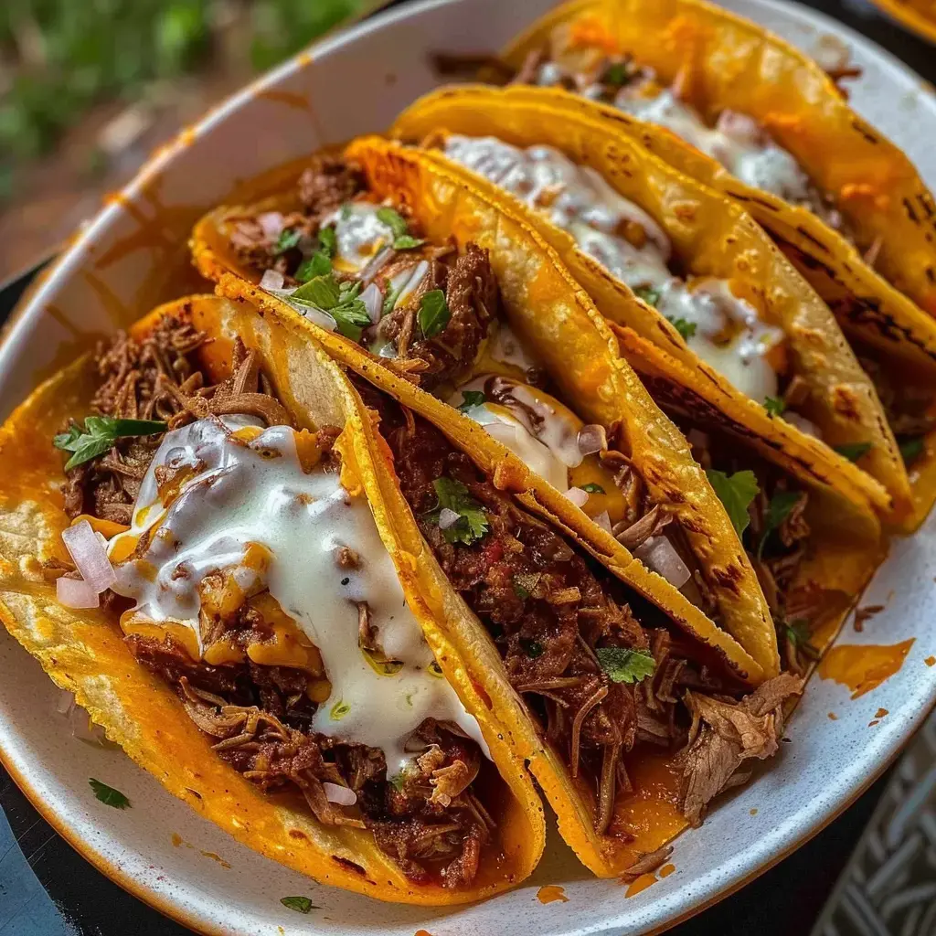 Ein Teller mit Tacos gefüllt mit Hackfleisch, Käse, Sahne und Koriander.