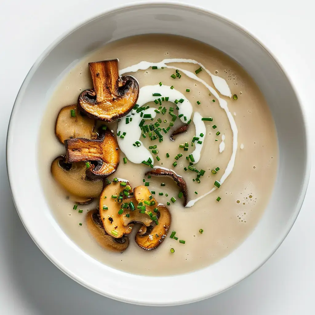 Eine cremige Pilzsuppe garniert mit gebratenen Pilzscheiben und Schnittlauch.