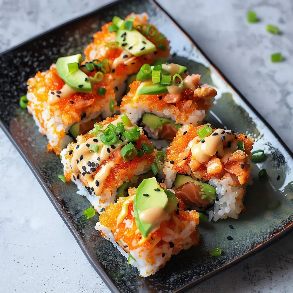 Bunter Sushi-Teller mit Avocado, Fisch, Sauce und Samen auf schwarzem Untergrund.