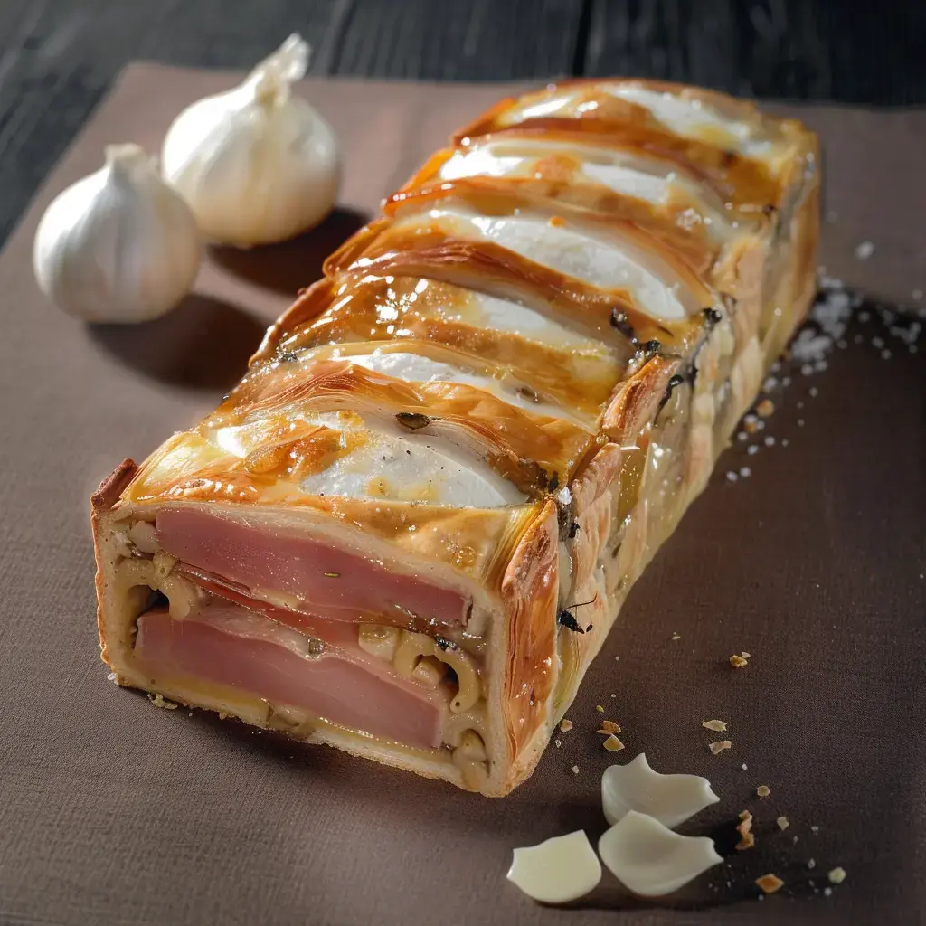 Eine Fleischpastete im Teigmantel wird präsentiert, umgeben von Knoblauchzehen auf dunklem Untergrund.