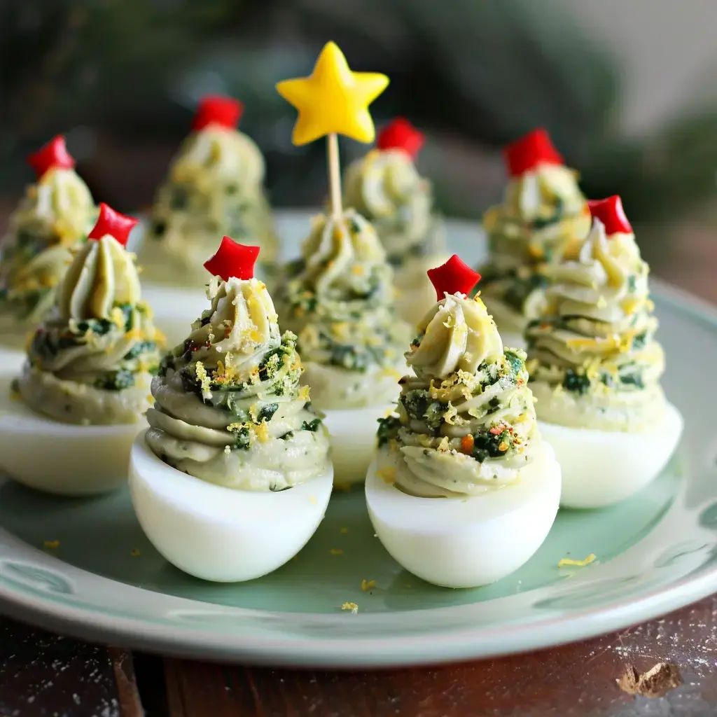 Hartgekochte Eier dekoriert als Weihnachtsbäume, mit grüner Creme gefüllt und mit Sternen und roten Verzierungen gekrönt.