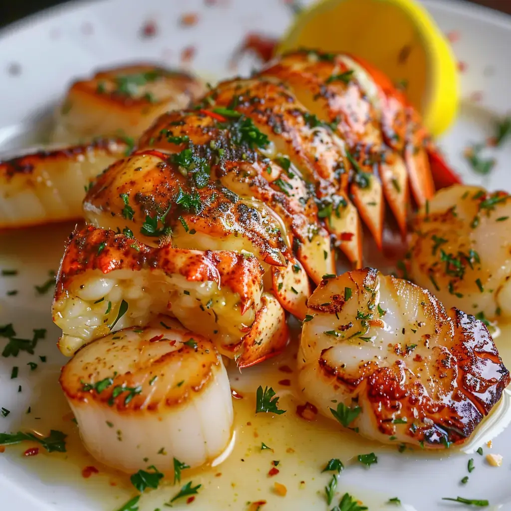 Gegrillte Hummerschwänze mit Jakobsmuscheln, garniert mit Petersilie und Zitronenspalten.