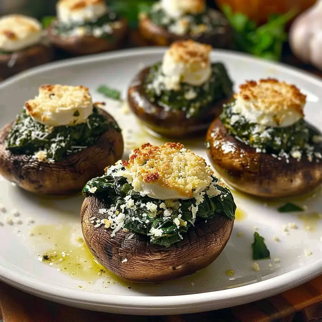 Gefüllte Champignons mit Spinat, Käse und goldbrauner Semmelbröselkruste auf einem Teller angerichtet.