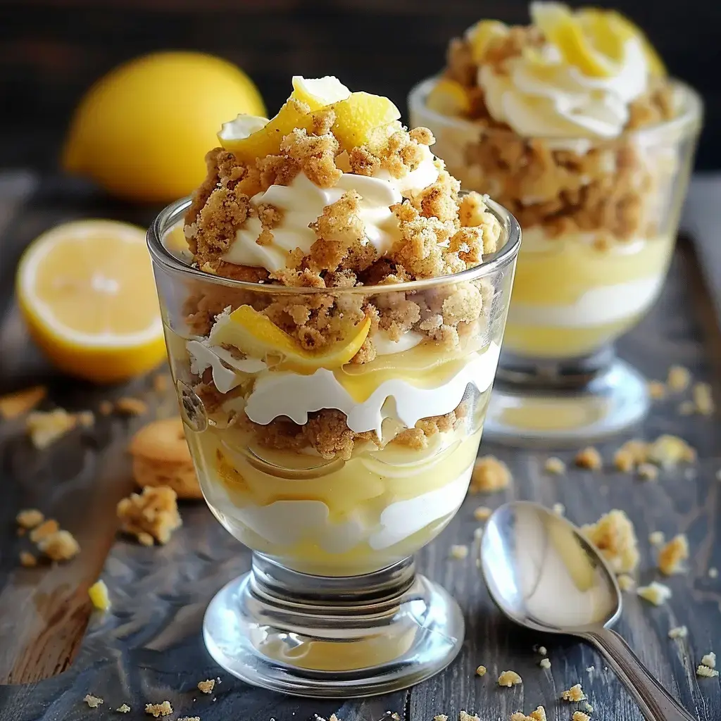 Schichtdessert im Glas mit Creme, Lemon Curd, Kekskrümeln und Zitronenschale, daneben eine halbierte Zitrone.