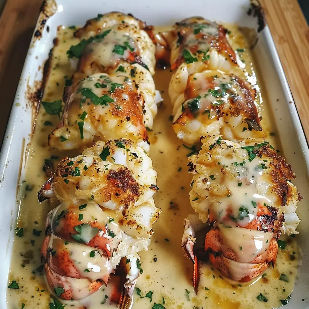 Gericht mit gratinierten Hummerschwänzen in cremiger Soße und frischen Kräutern.