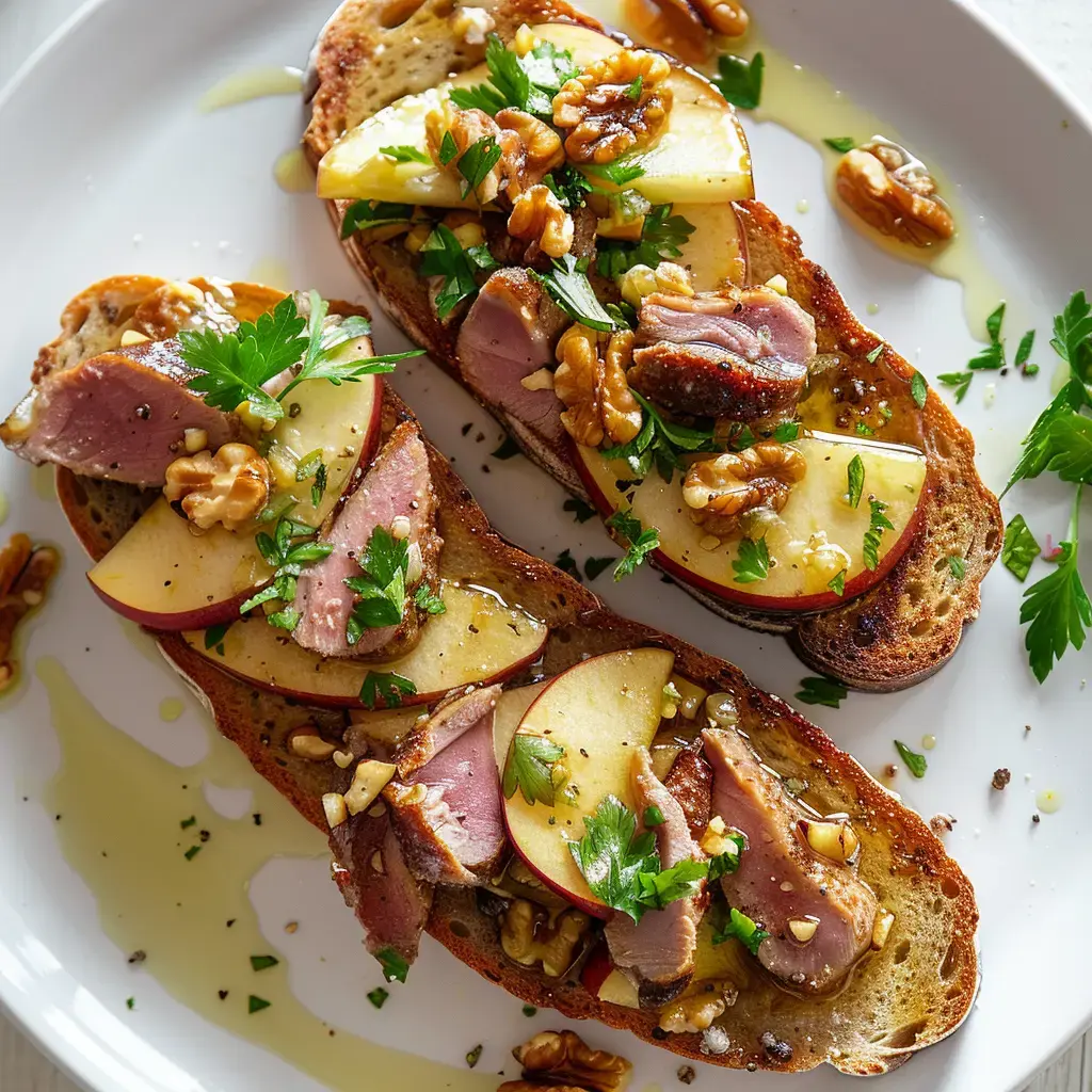 Zwei Brotscheiben belegt mit Äpfeln, Entenbrust, Walnüssen und Petersilie, beträufelt mit Olivenöl.