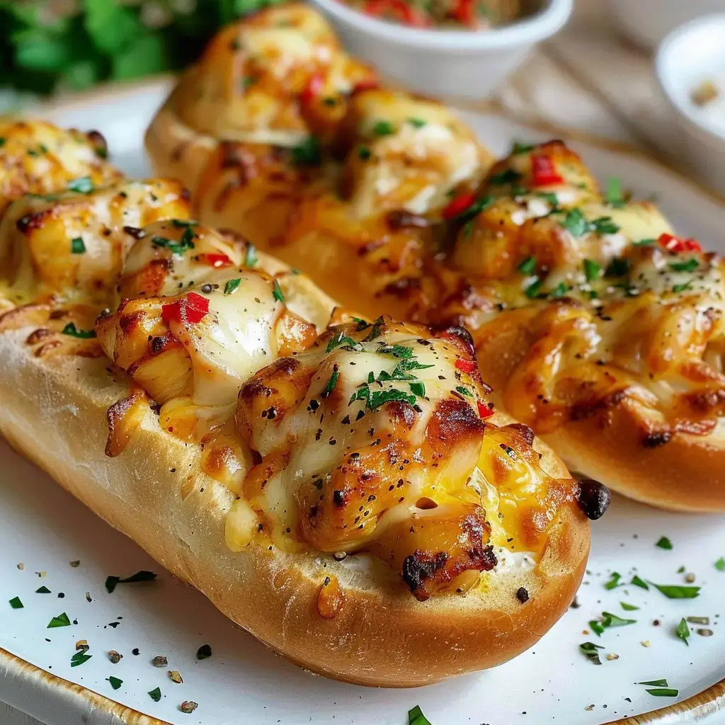 Gefüllte Brötchen mit Hähnchen, schmelzendem Käse und Kräutern, auf einem Teller serviert.