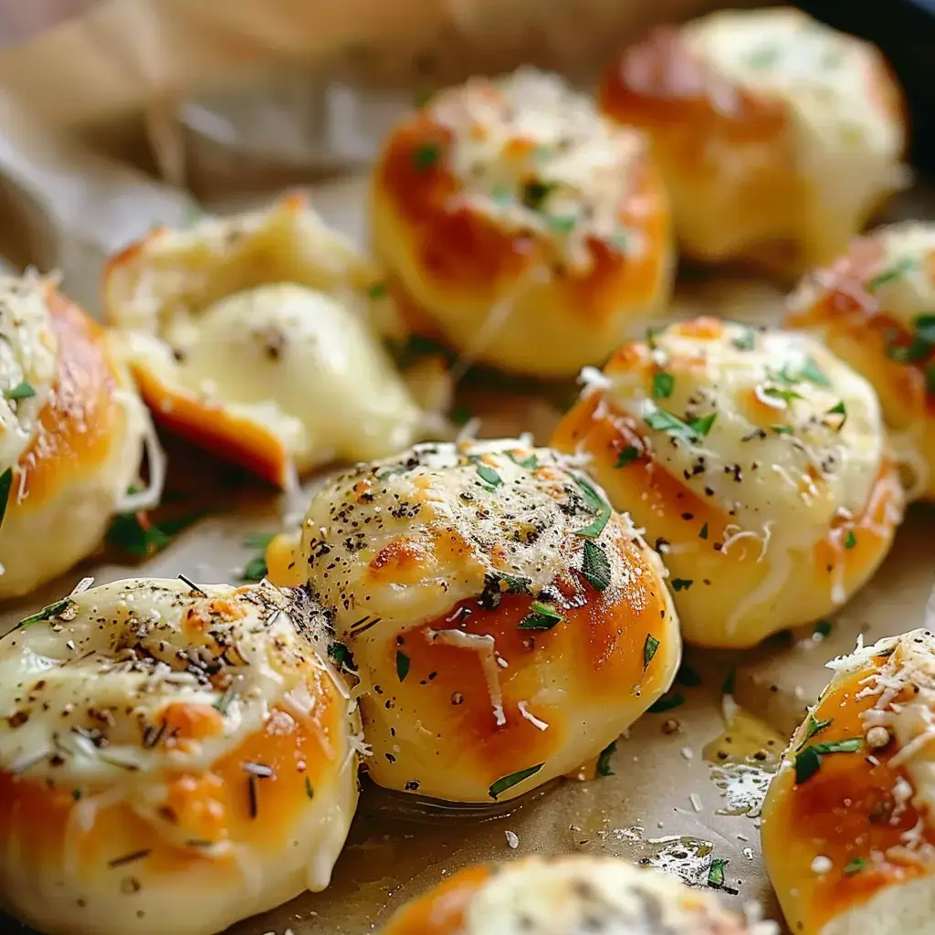 Goldbraune Käsebrötchen mit Kräutern und Pfeffer garniert, frisch aus dem Ofen.