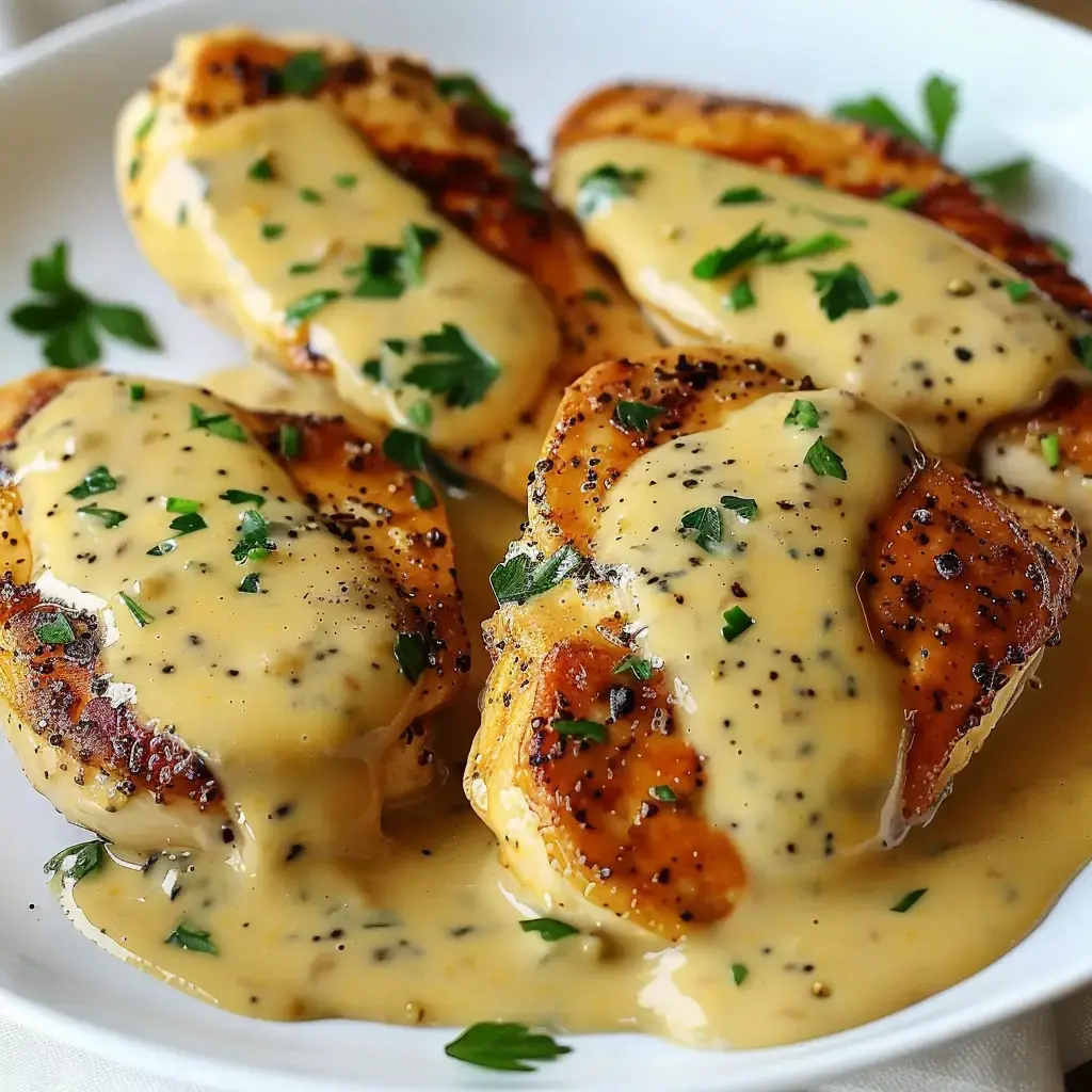 Gegrillte Hähnchenfilets mit cremiger Sauce, garniert mit Petersilie und Pfeffer, auf einem Teller serviert.