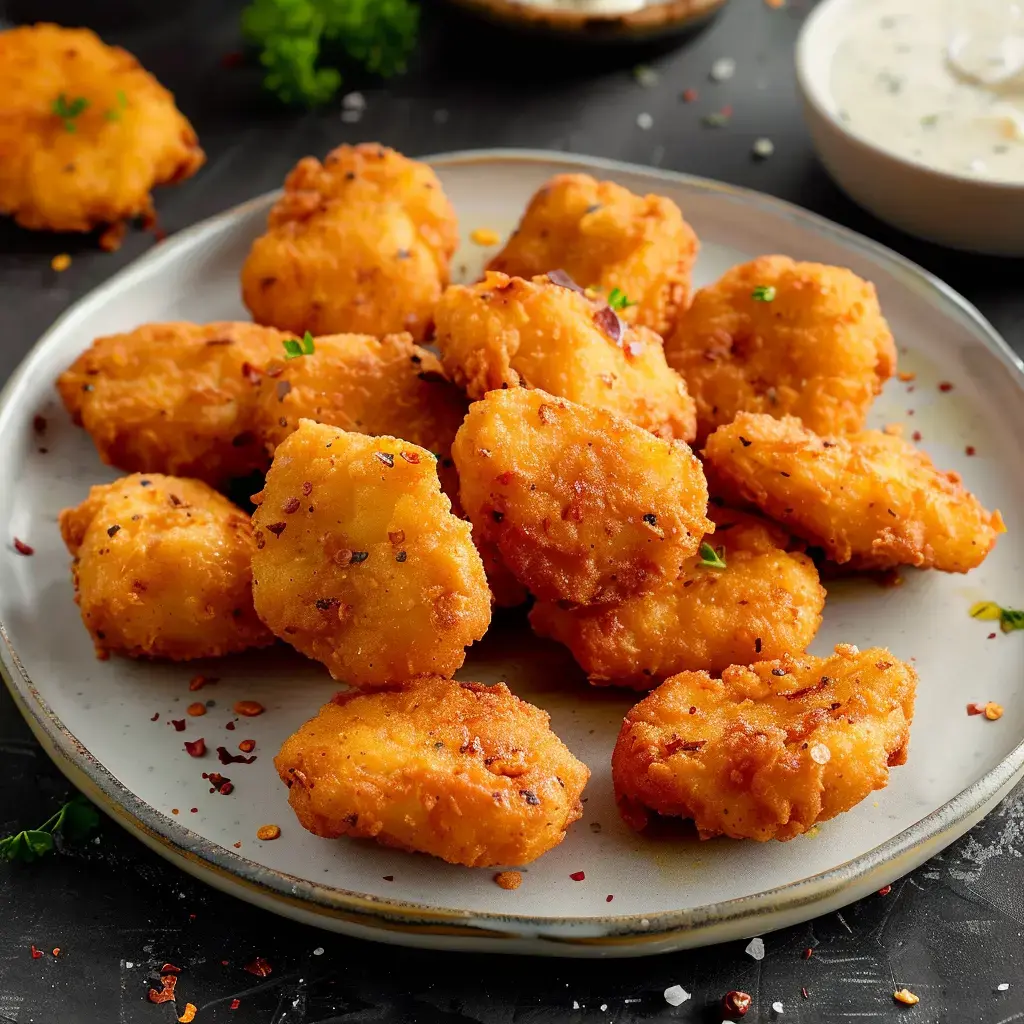 Ein Teller mit goldbraunen, knusprigen Nuggets, garniert mit Chilischoten und Petersilie, im Hintergrund eine weiße Sauce.