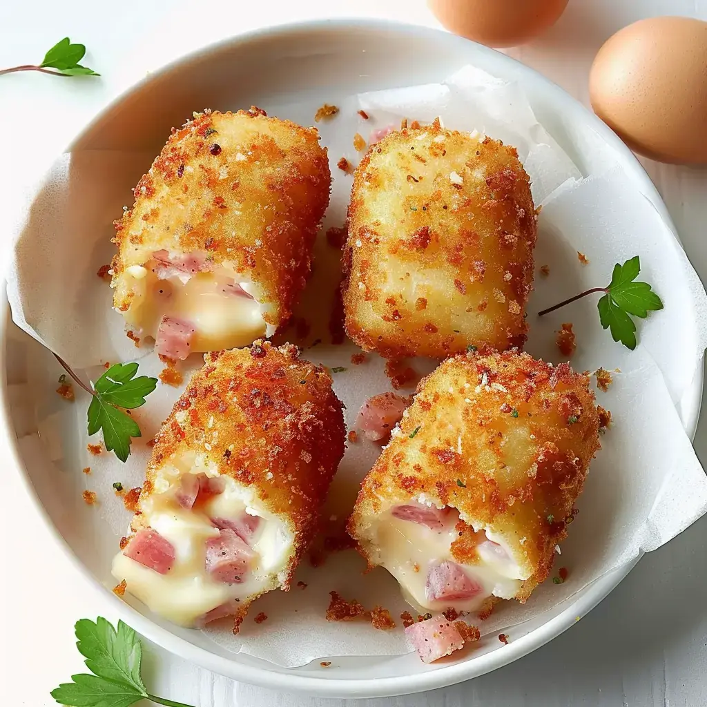 Vier goldbraune Kroketten gefüllt mit Schinken und Käse, auf einem Teller mit Eiern und Petersilie als Garnierung.
