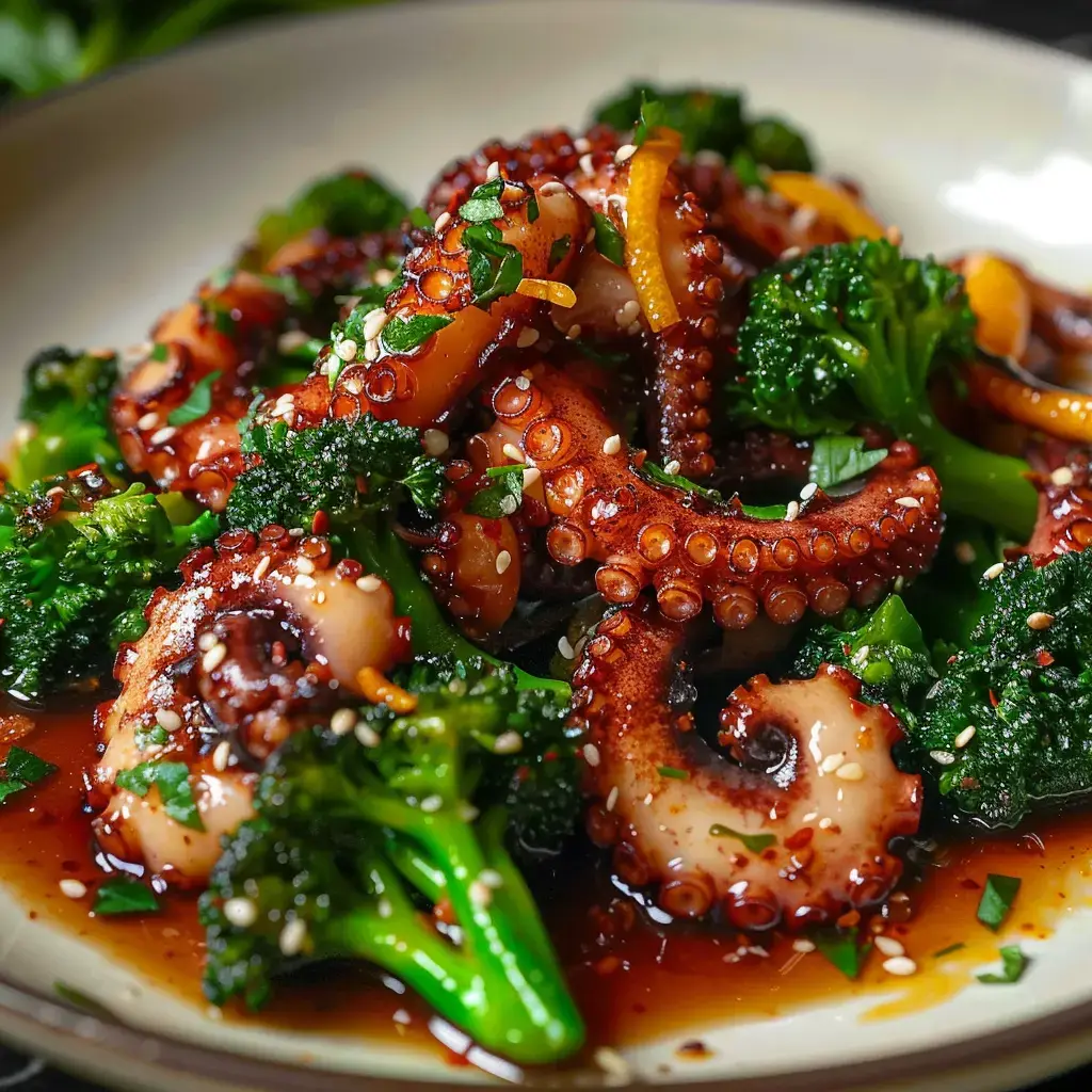Ein feines Gericht aus gebratenem Oktopus mit Brokkoli, Sesam und Sauce garniert.