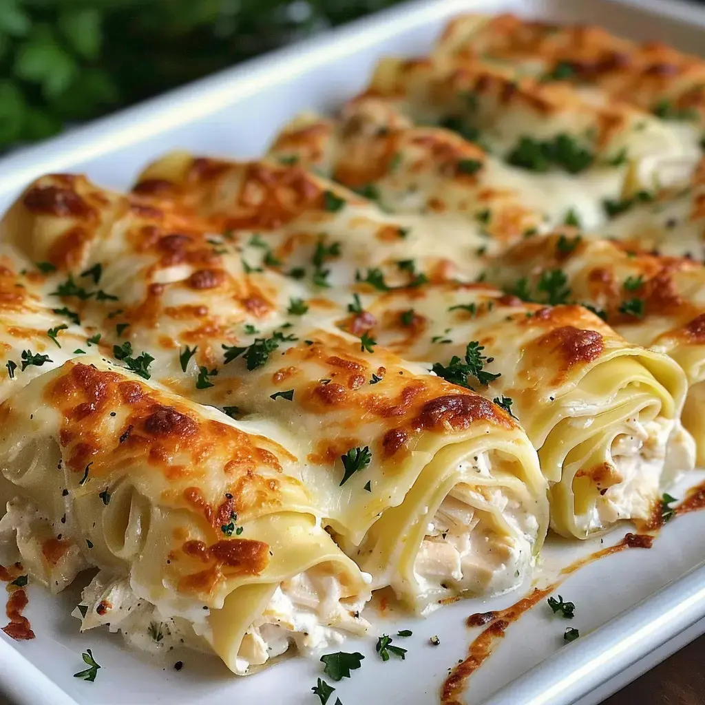 Hähnchen-Lasagne mit überbackenem Käse und Petersilie, auf einem weißen Teller serviert.
