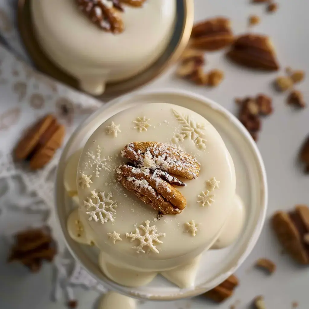 Ein elegantes Dessert mit weißer Schokoladenglasur, garniert mit Pekannüssen und schneeartigen Verzierungen, liegt auf einem Teller.