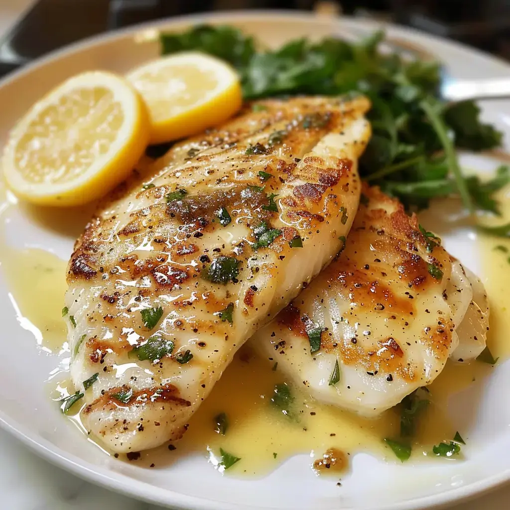 Zwei gebratene Fischfilets mit Sauce garniert, dazu Zitronenscheiben und Salat.