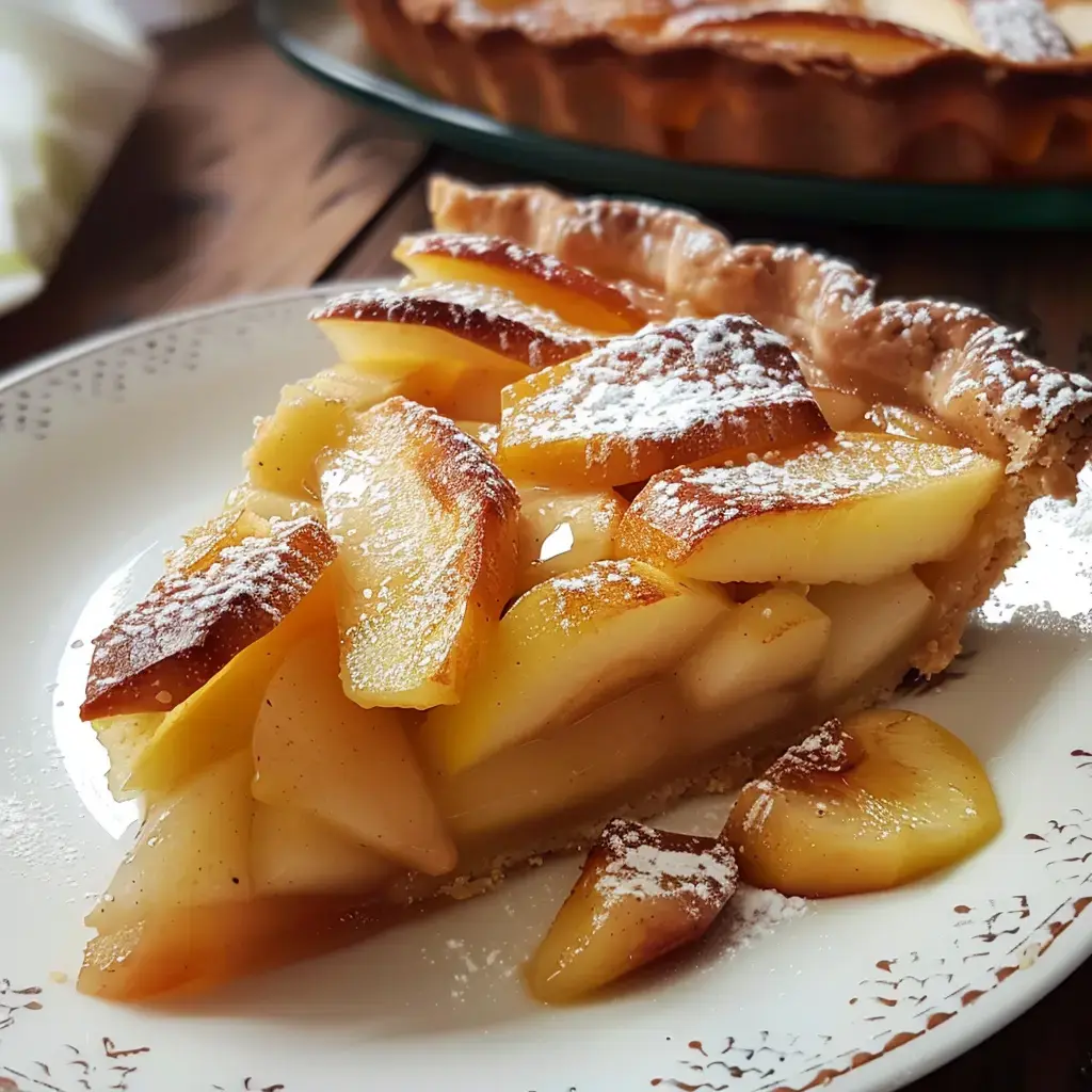 Ein Stück Apfelkuchen mit Puddingfüllung, garniert mit Apfelscheiben und Puderzucker, serviert auf einem Teller.