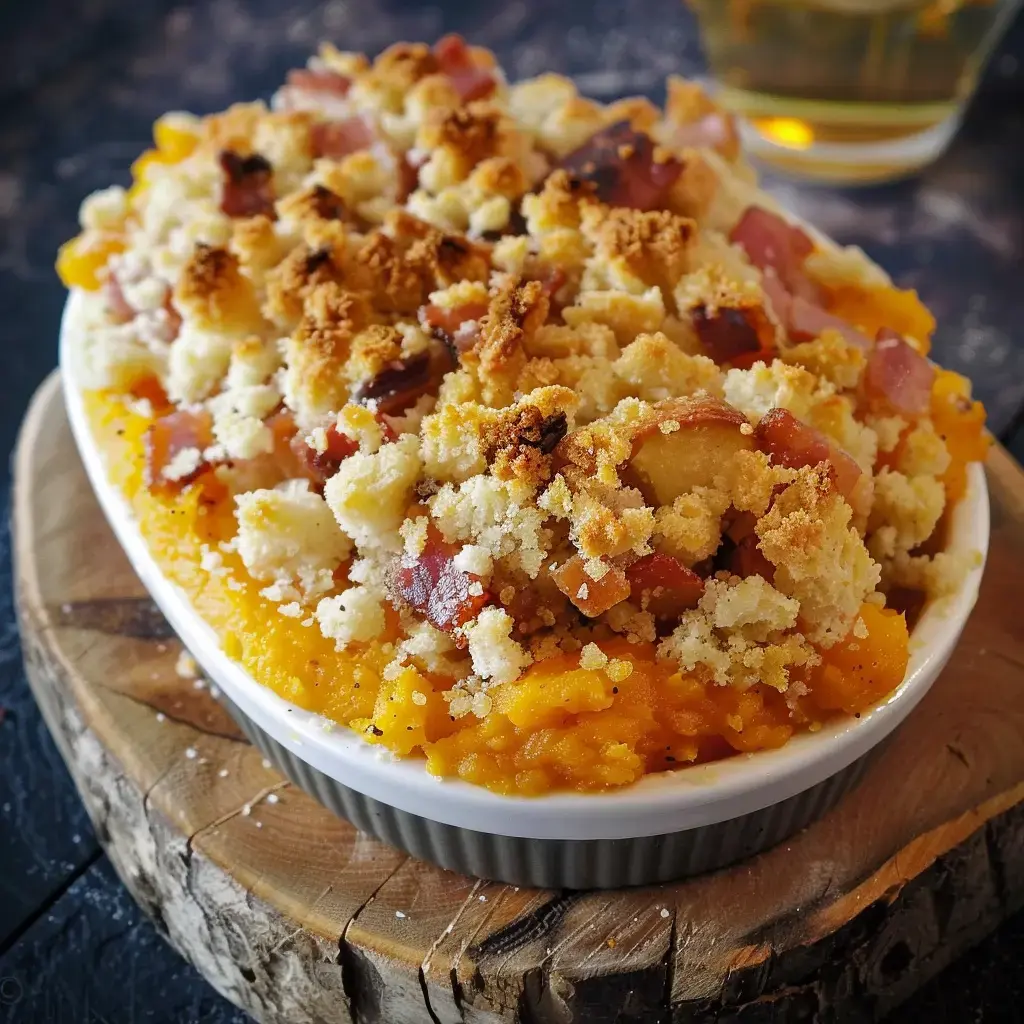 Ein Kürbisgratin mit knusprigen Speckwürfeln und goldbrauner Kruste, serviert in weißer Auflaufform auf Holzbrett.