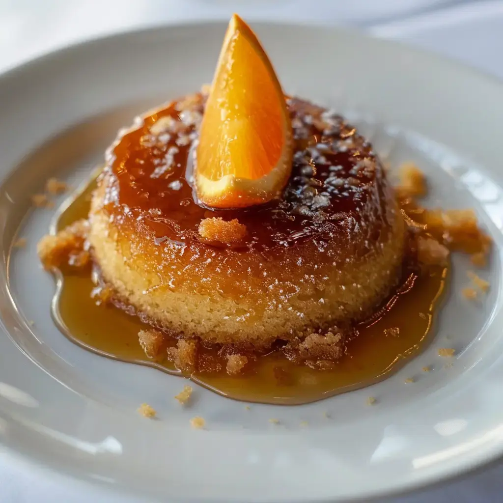 Ein karamellisierter Pudding-Dessert, garniert mit einem Orangenstück, auf einem weißen Teller.