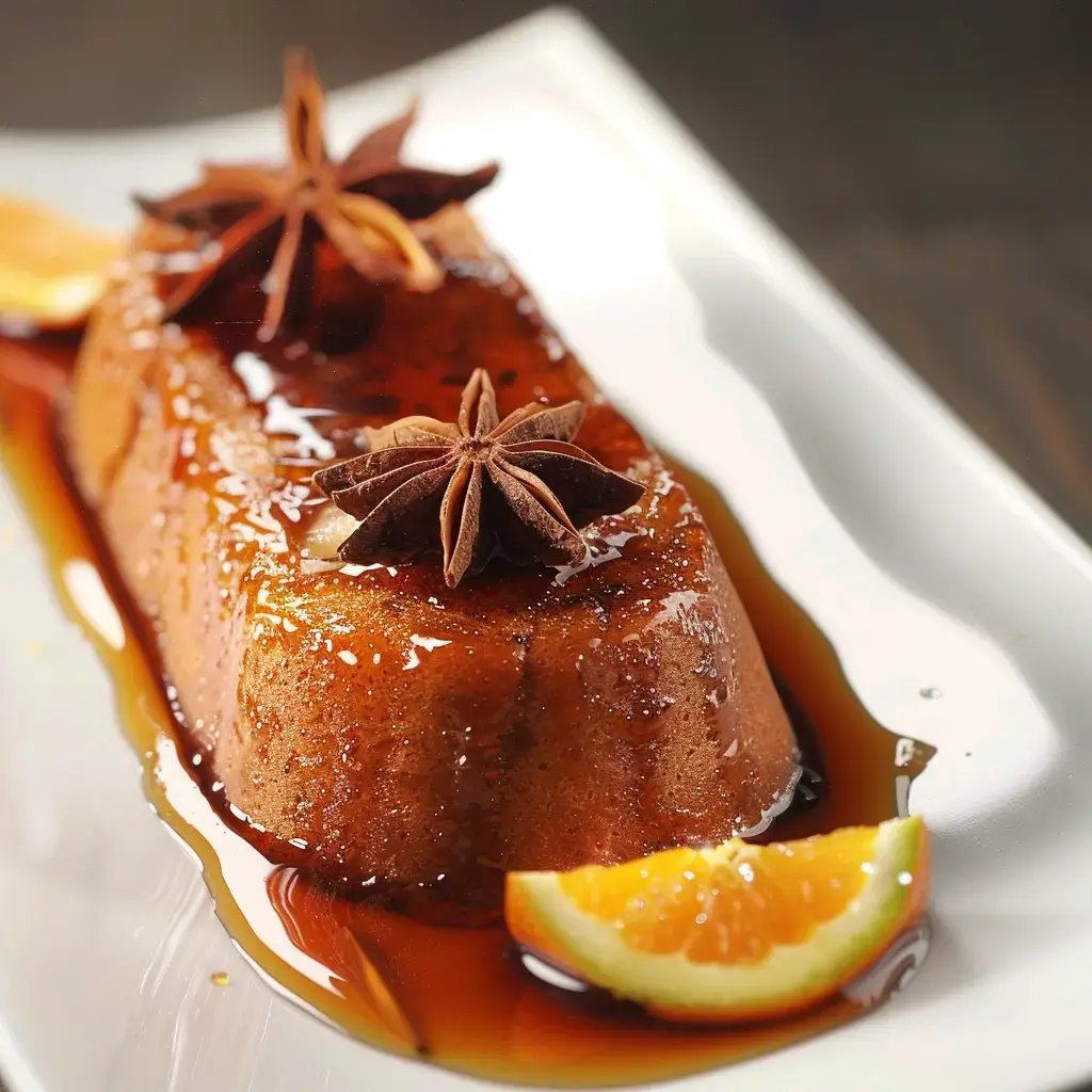 Ein kuchenartiges Gebäck mit Karamellglasur, garniert mit Sternanis und einer Orangenscheibe.