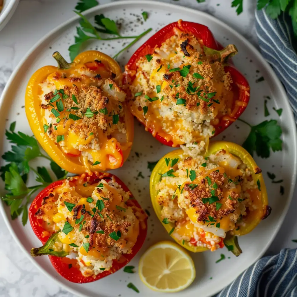Goldbraun überbackene Paprika mit Meeresfrüchten, garniert mit frischer Petersilie, angerichtet auf einem weißen Teller mit einer Zitronenscheibe daneben.