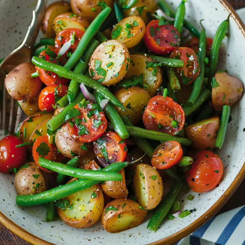 Salat aus neuen Kartoffeln, Kirschtomaten und grünen Bohnen, garniert mit frischer Petersilie und roten Zwiebeln.