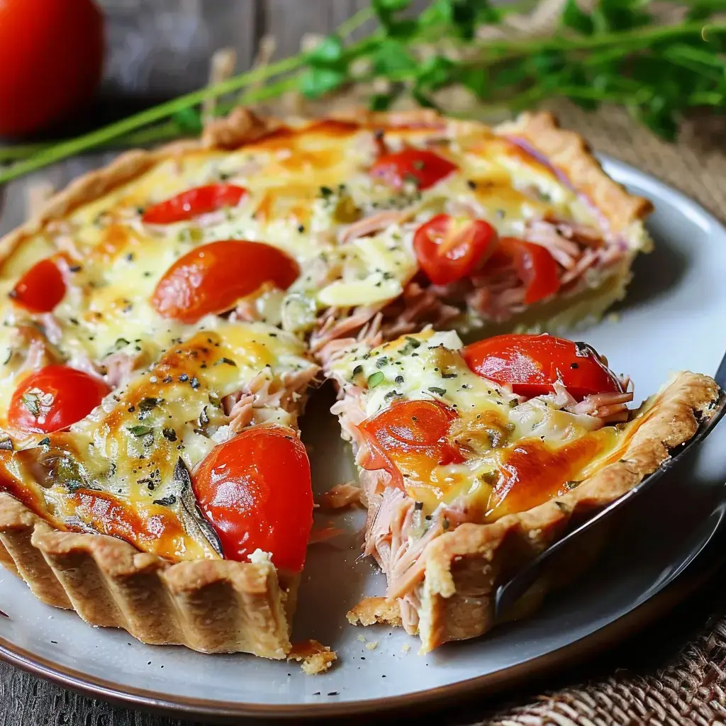Eine goldbraun gebackene Thunfisch-Quiche mit Kirschtomaten wird auf einem Teller präsentiert.