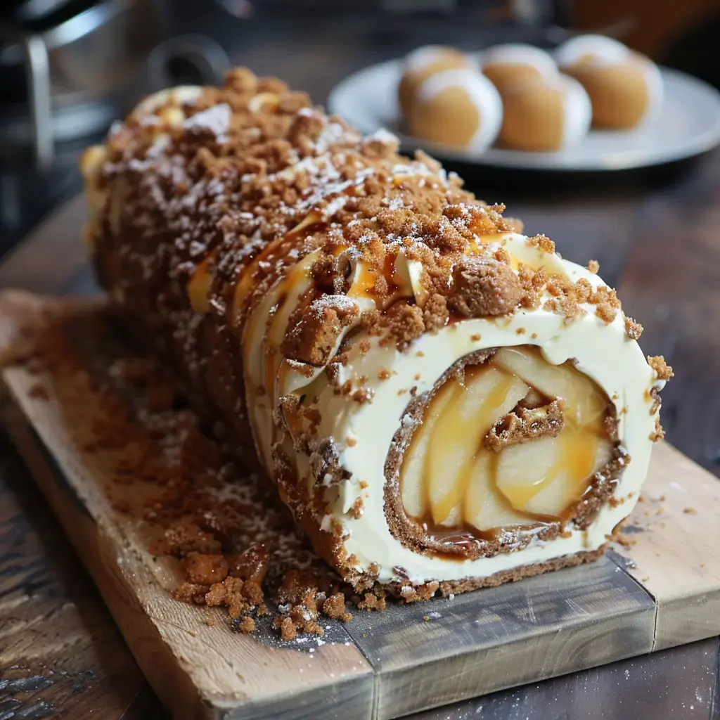 Ein Weihnachtsgebäck mit Apfelstückchen, Sahne und Kekskrümeln auf einem Holzbrett serviert.
