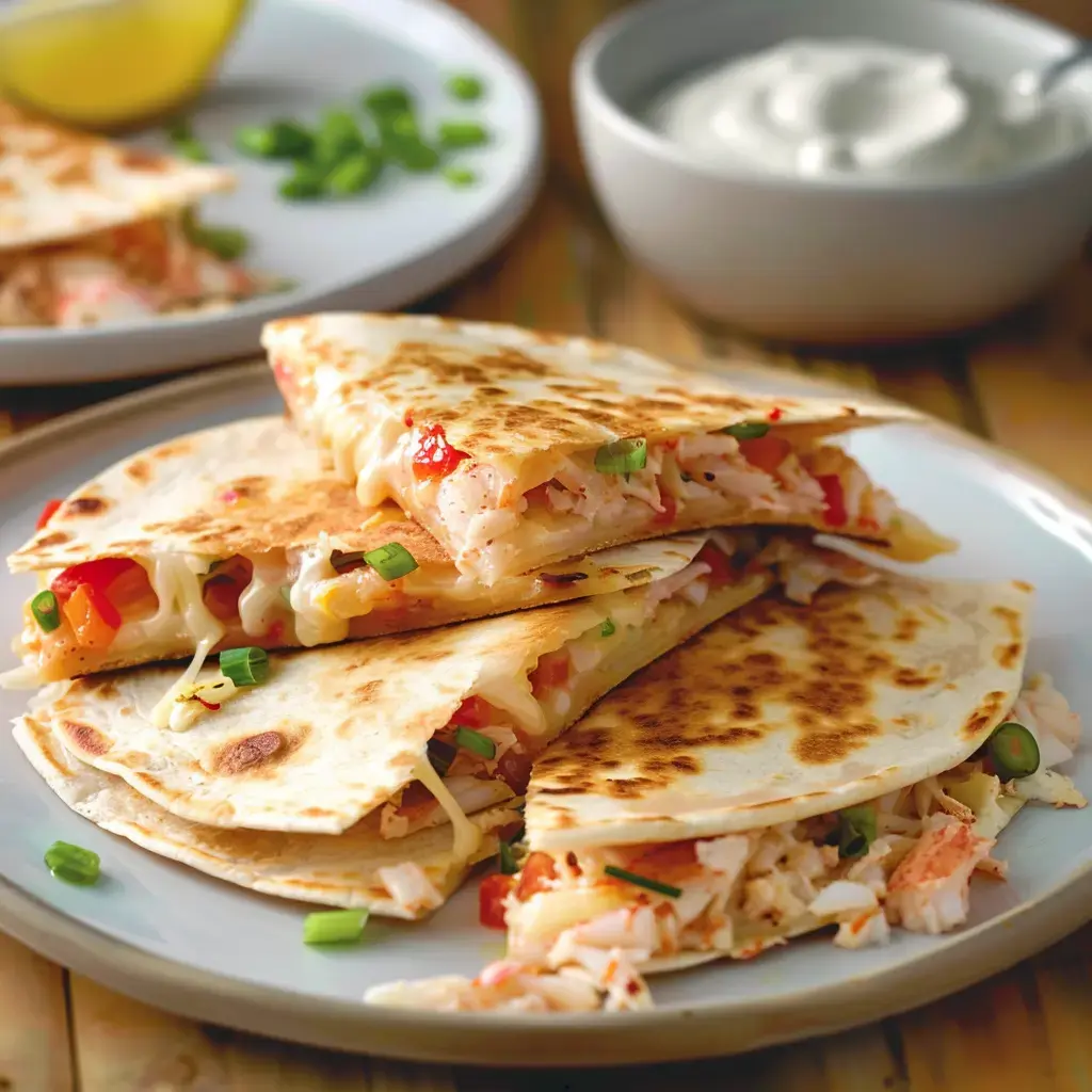 Knusprige Quesadillas gefüllt mit Käse, Hähnchen und Gemüse, serviert mit einer cremigen Sauce.