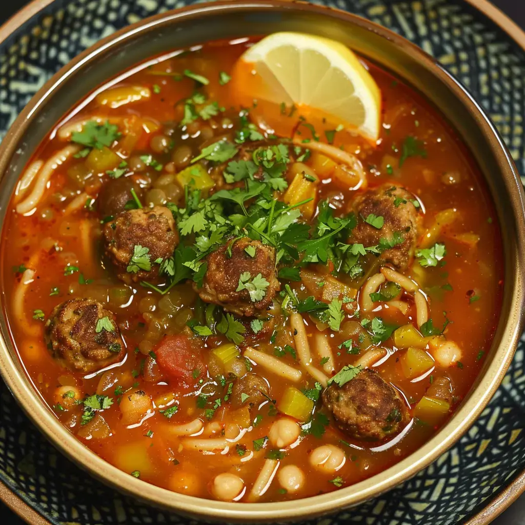 Eine rote Suppe garniert mit Fleischklößchen, Gemüse und Koriander, dazu eine Zitronenscheibe.