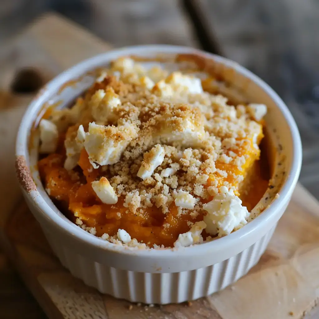 Kürbis-Ziegenkäse-Crumble mit knuspriger Kruste in weißer Auflaufform serviert.