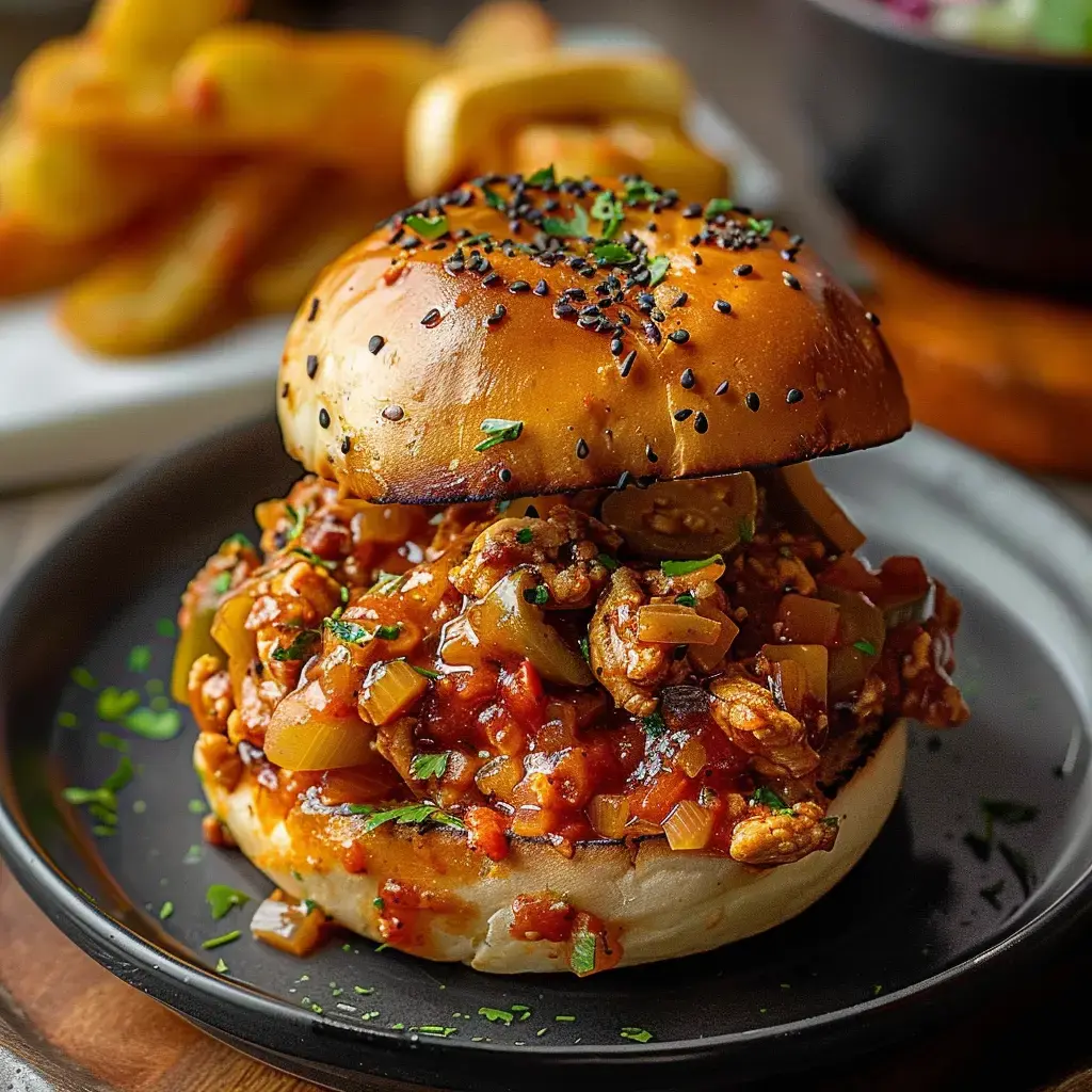 Ein Burger gefüllt mit Hackfleisch in Tomatensoße mit Zwiebeln und Paprika, serviert mit Pommes im Hintergrund.