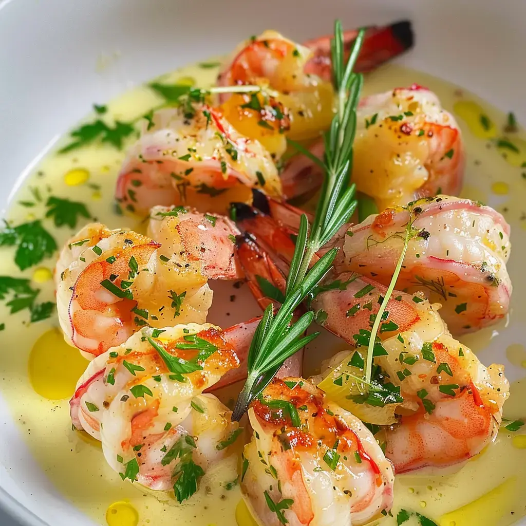 Gegrillte Garnelen mit Kräutern in Olivenölsauce serviert.