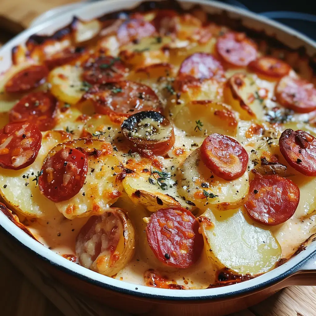 Ein Teller mit überbackenen Kartoffeln, Chorizo-Scheiben und Käse, goldbraun und mit Kräutern gewürzt.