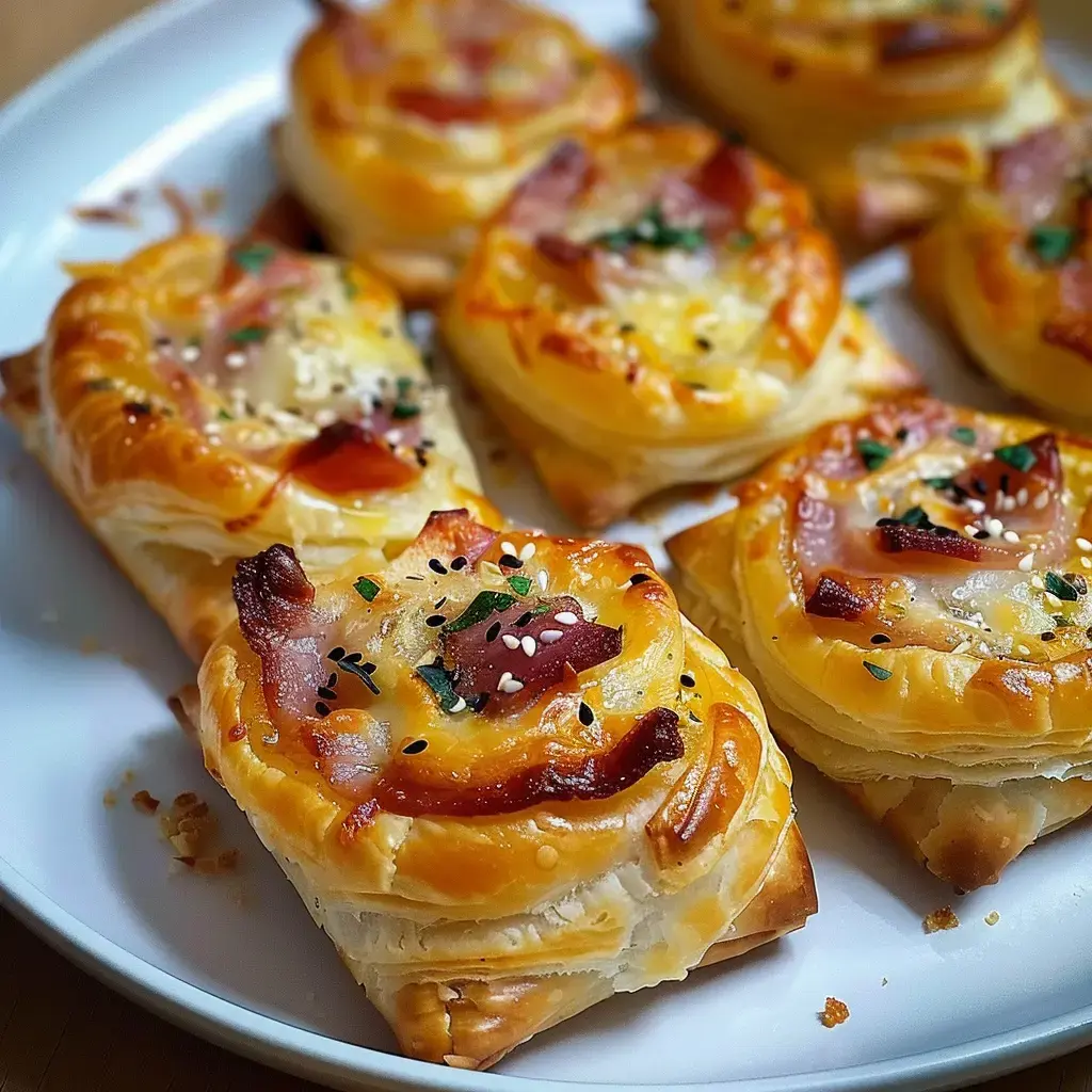 Goldbraune Blätterteigtaschen gefüllt mit Käse, Schinken und Kräutern, angerichtet auf einem weißen Teller.