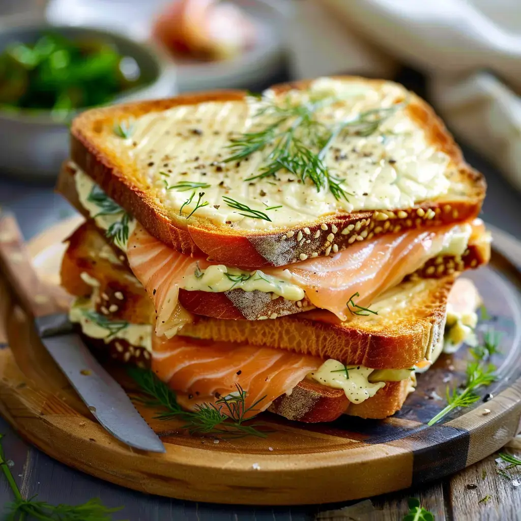 Ein gestapeltes Sandwich aus getoastetem Brot, Räucherlachs und Frischkäse, garniert mit Dill und Pfeffer.