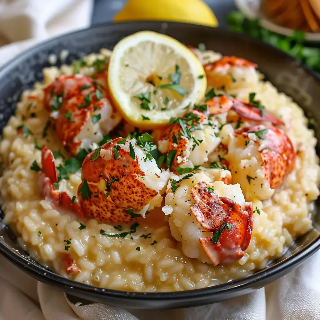 Ein Teller cremiges Risotto garniert mit Hummerstücken und Zitronenspalten, verziert mit frischer Petersilie.