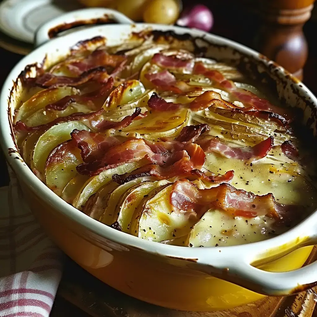 Ein Kartoffelauflauf mit knusprigem Speck und Sahne, serviert in einer Keramikform.