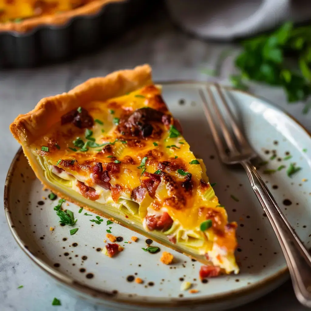 Ein Stück Quiche mit Speck und Käse auf einem Teller, daneben Besteck.
