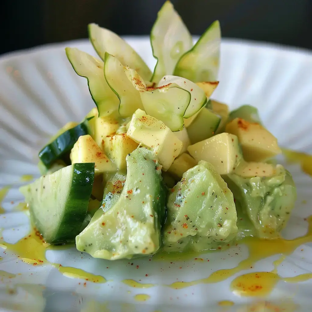 Ein bunter Salat aus Avocadostücken, Gurke und Käsewürfeln, gewürzt mit Olivenöl und Paprika.