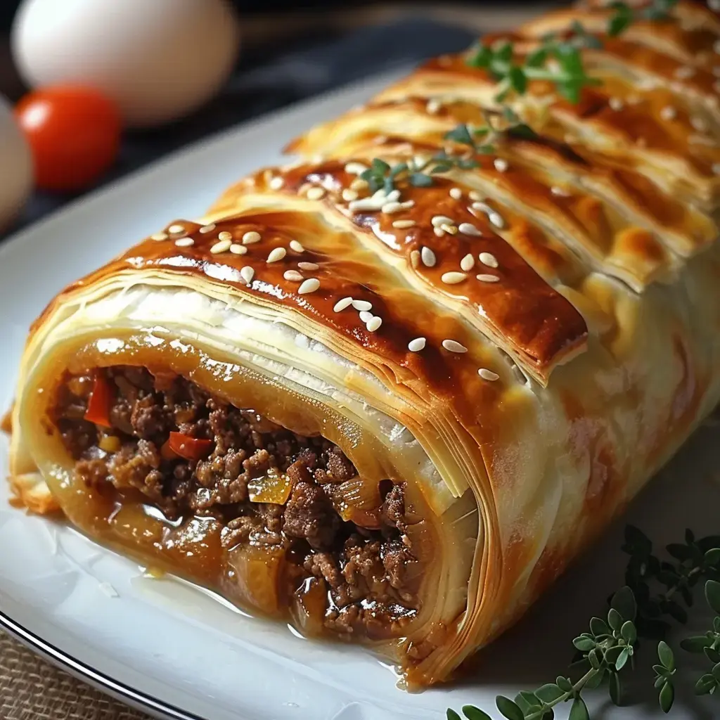 Eine Blätterteig-Rolle gefüllt mit Hackfleisch und Gemüse, bestreut mit Sesamsamen.