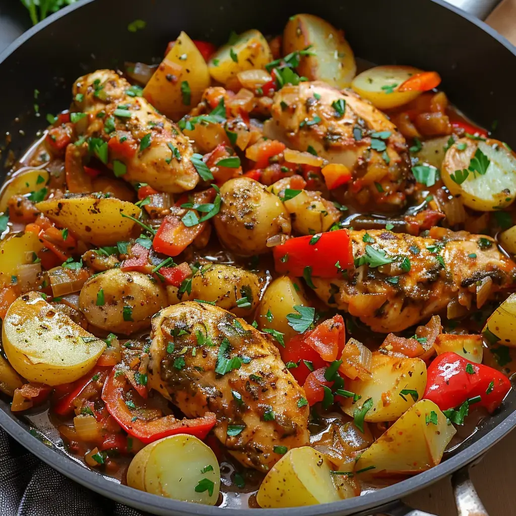 Ein Teller mit Hähnchen, Kartoffeln, Paprika und Zwiebeln, garniert mit frischer Petersilie.