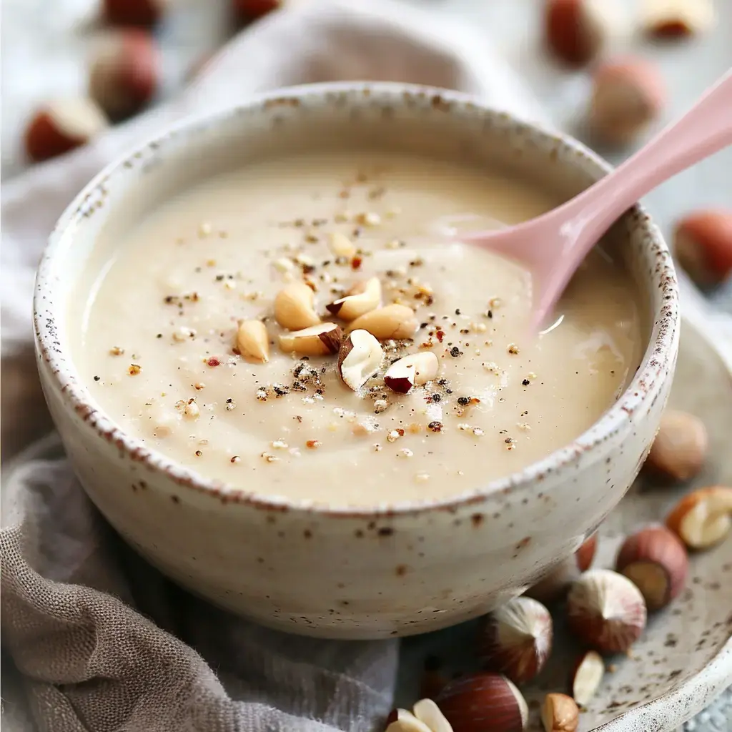 Eine Schale Nusscremesuppe, garniert mit gehackten Nüssen und Kernen, serviert mit einem rosafarbenen Löffel.